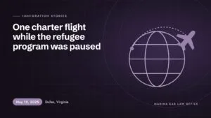 Illustration for the article: While the Refugee Program Was Paused, One Charter Flight Landed at Dulles (May 12, 2025, Dulles, Virginia)