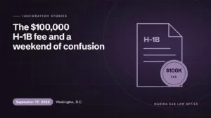 Illustration for the article: The $100,000 H-1B Fee and the Weekend of Confusion That Followed (September 19, 2025, Washington, D.C.)