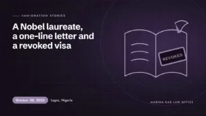 Illustration for the article: A Nobel Laureate, a One-Line Letter and a Revoked U.S. Visa (October 28, 2025, Lagos, Nigeria)
